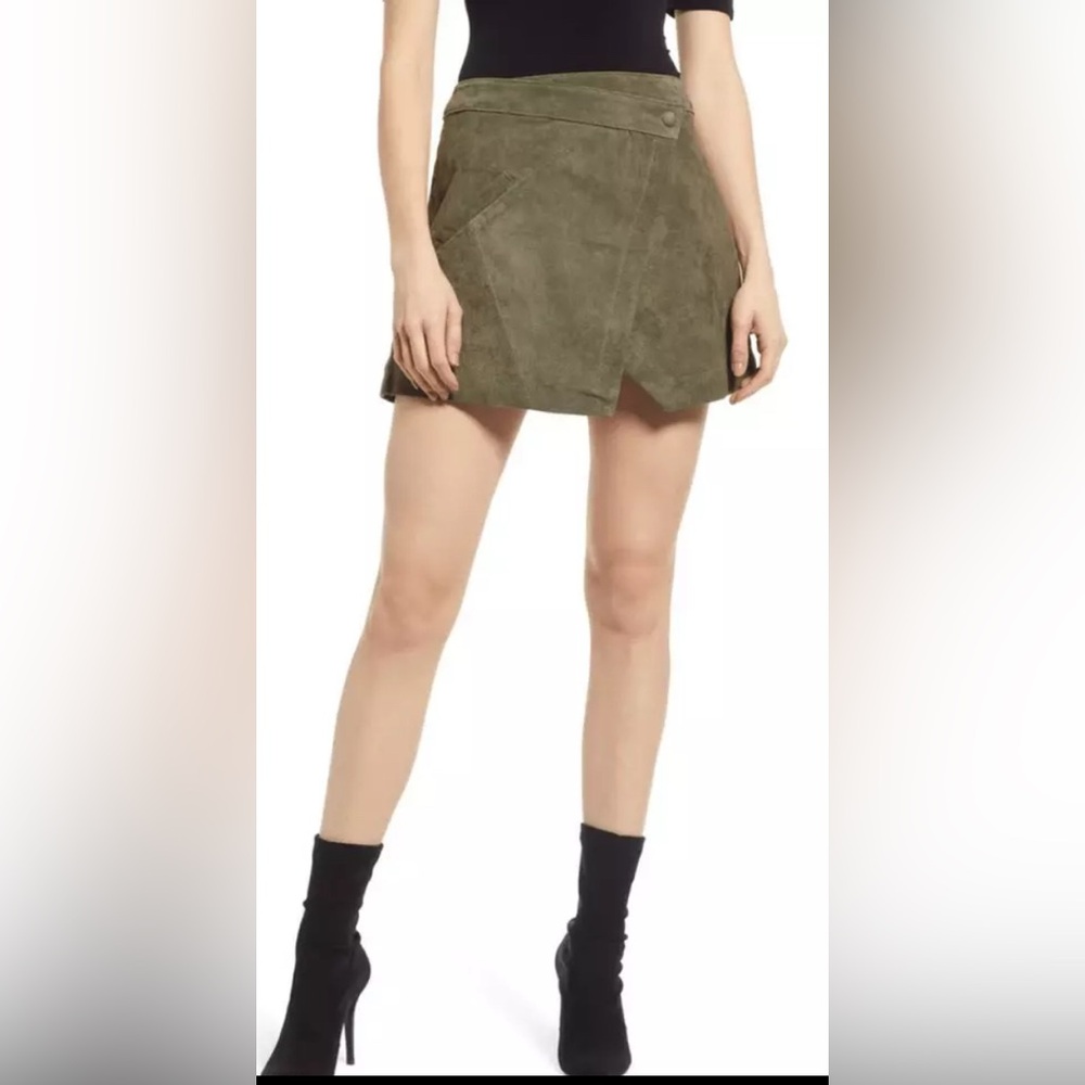 Genuine Suede Leather Olive Green Asymmetrical Wrap Mini Skirt Sz30
